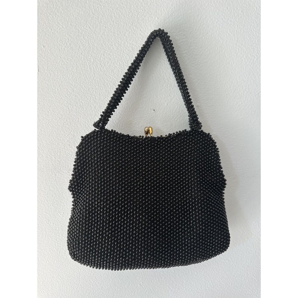 Vintage Kiss Lock Frame Bag Black Beaded Cocktail Clutch Party Purse Handbag